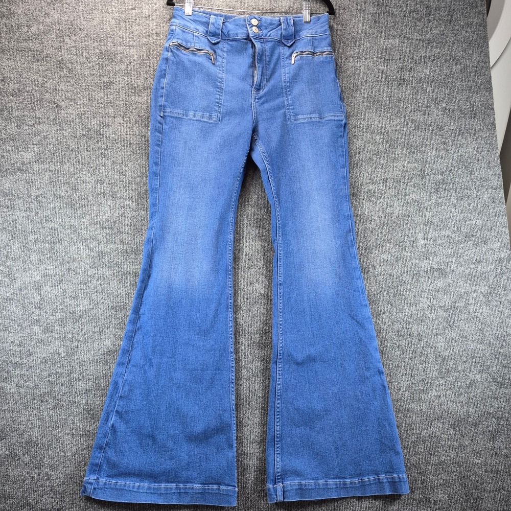 Free People Flare Jeans High Rise Patch Pockets 30 Blue Women